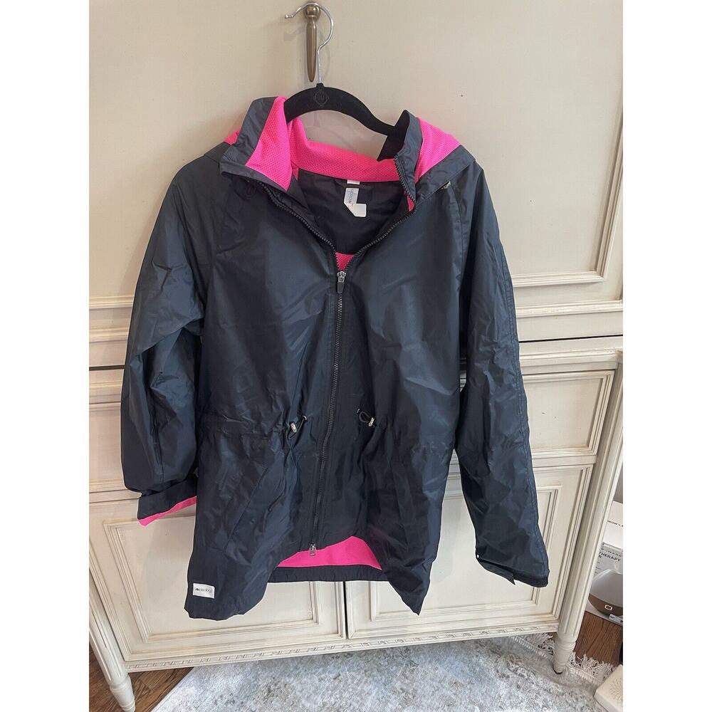 Ideology Black Hoodled Nylon Windbreaker Pink Lining Size Medium‎ Reflective